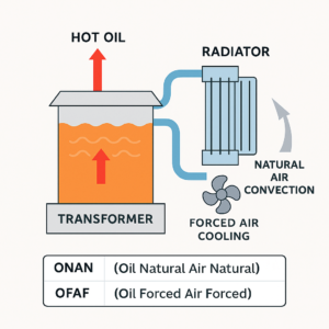 Diagram of ONAN and OFAF cooling in transformer radiators